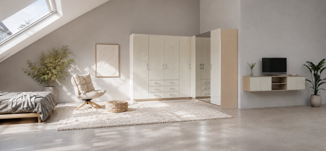 Eckschrank nach Maß in Ecru und Schneeweiß