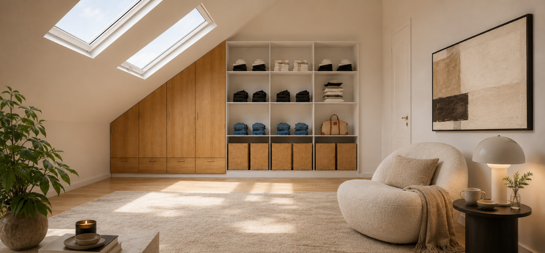 Schrank mit seitlicher Schräge in Schneeweiß und Eiche-Fronten