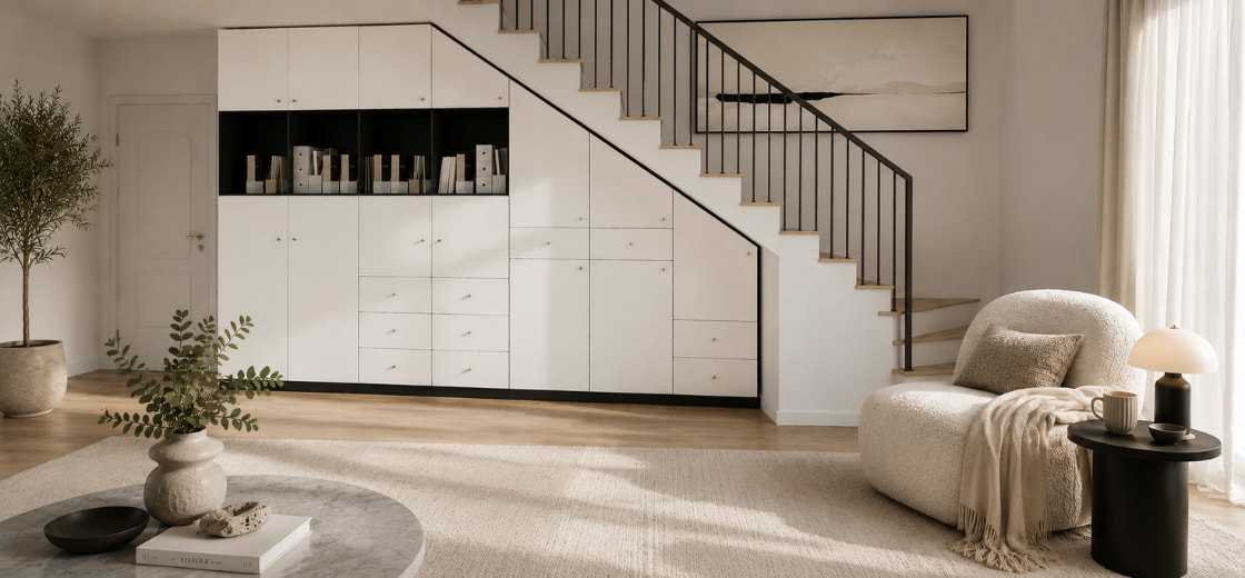 Schrank mit seitlicher Schräge unter der Treppe