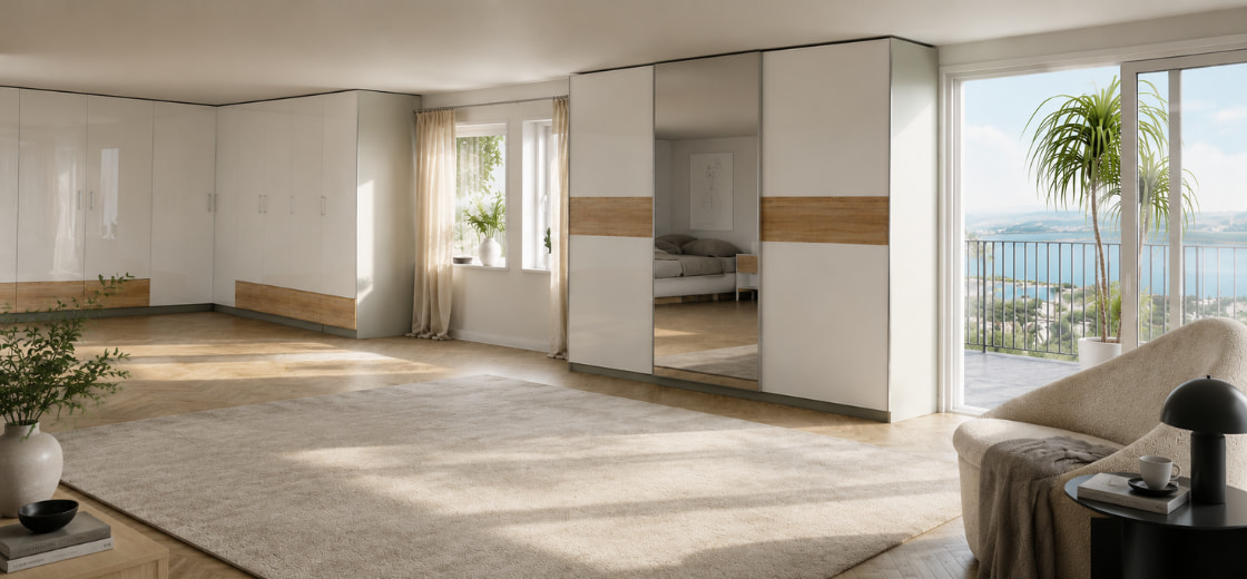 Schwebetürenschrank, 3-türig mit Spiegel